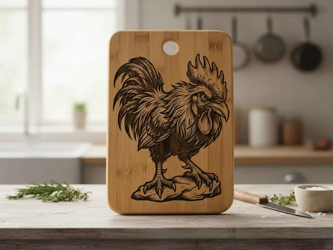 Fierce Rooster Laser Engraved Bamboo Cutting Board cutting board design