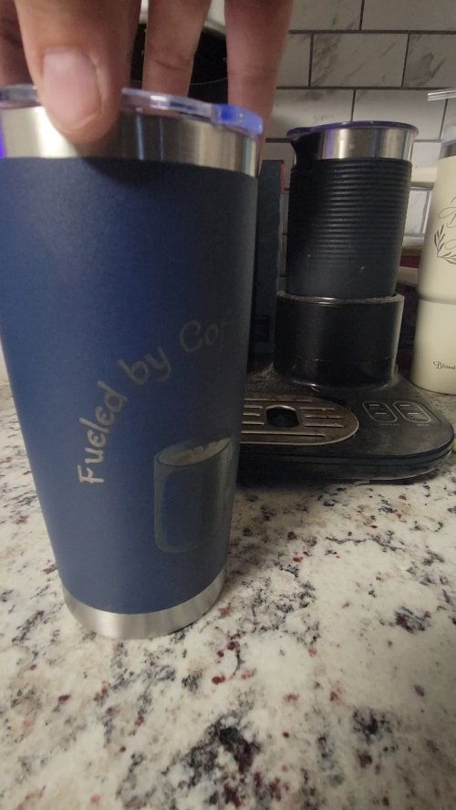 [Laser cut and engrave] Laser Engraved Navy Blue Coffee Tumbler with Fuelled by Coffee & Chaos