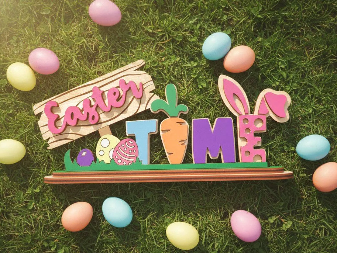 Easter stand laser cut decorative sign with eggs and carrot desk decor free Easter SVG