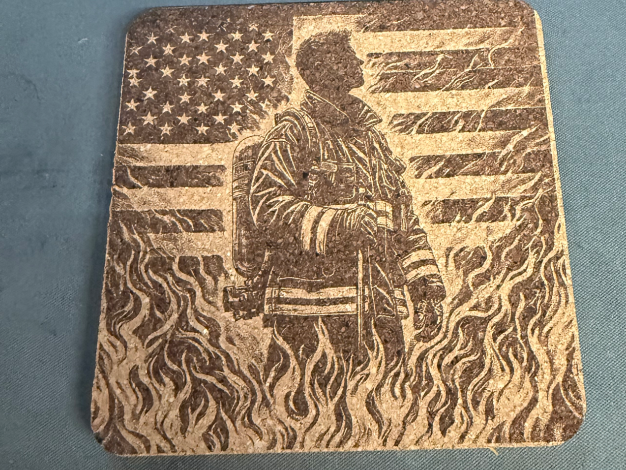 Fire fighter cork coaster — free patriotic laser/print project file on Atomm