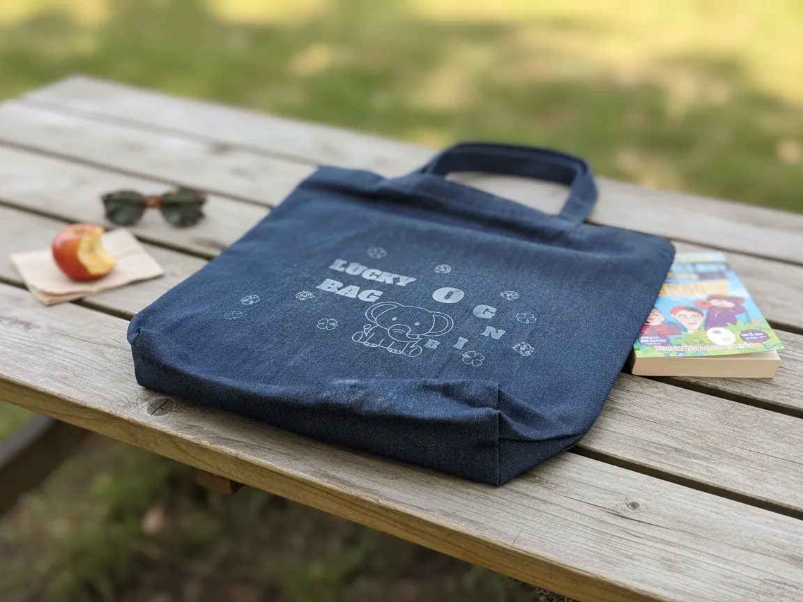 Modra torba tote z motivom bingo, srečnega slona, pikapolonic in listov - brezplačna zasnova torbe tote po meri na Atommu