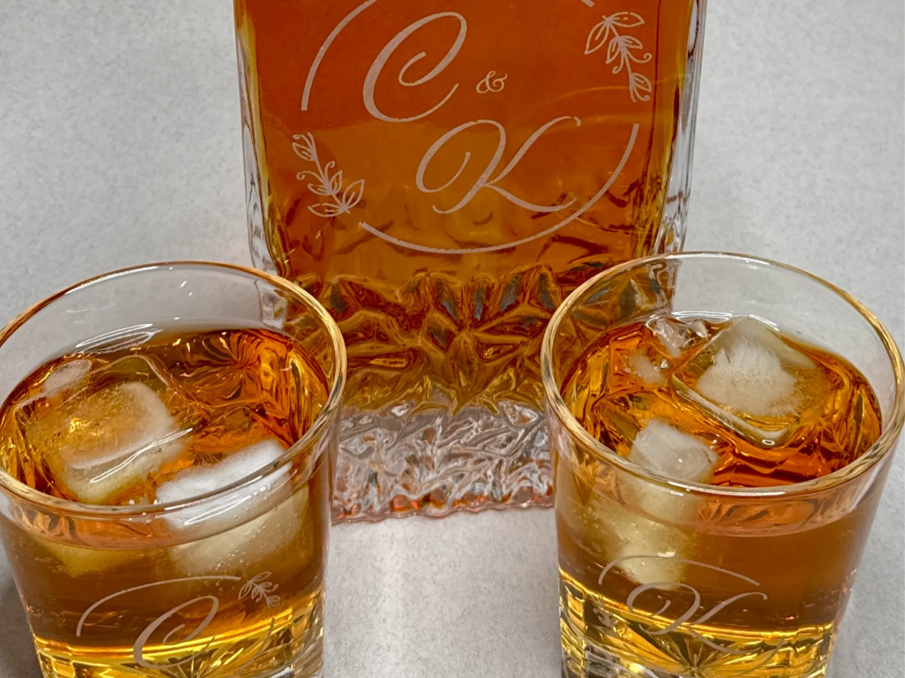 Monogrammed Glass Decanter and Whiskey Tumbler Set wedding gift design