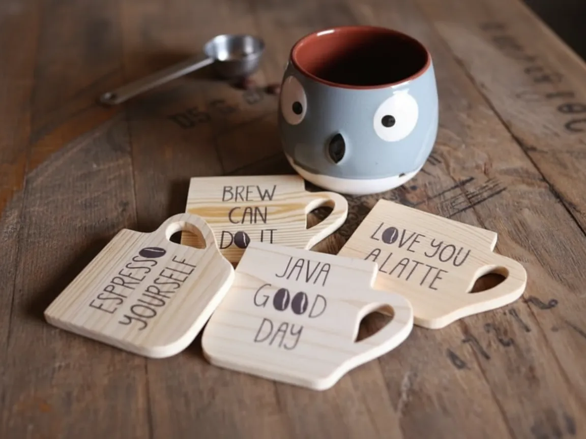 Wooden coasters cut in the shape of a coffee mug with funny engraved text