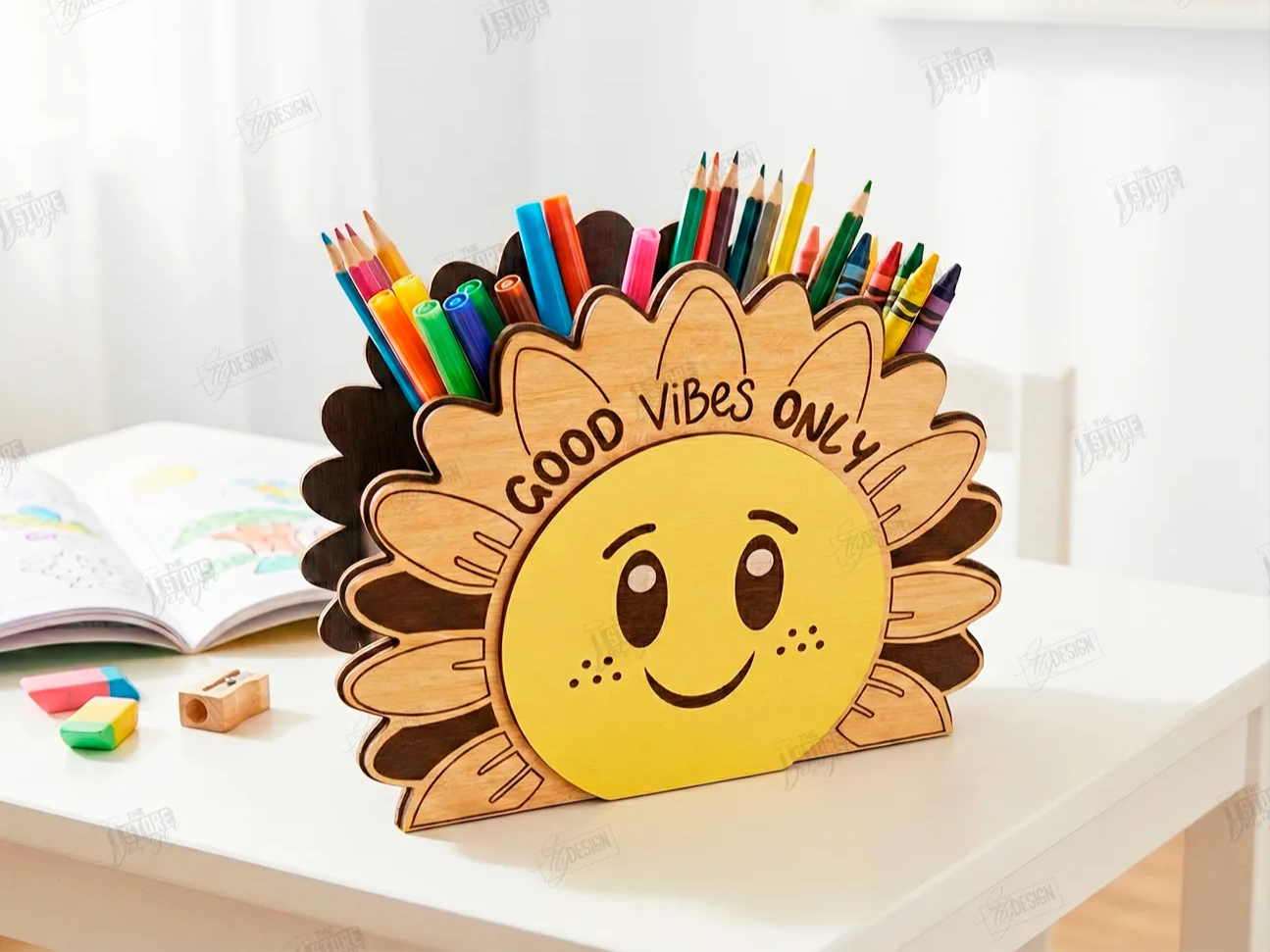 桌面收納雷射切割。向日葵筆筒。Good Vibes Only SVG。兒童設計