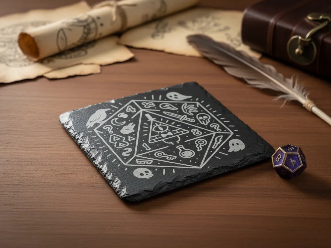 "The D20 of Ominous Omens" Slate Coaster gift design