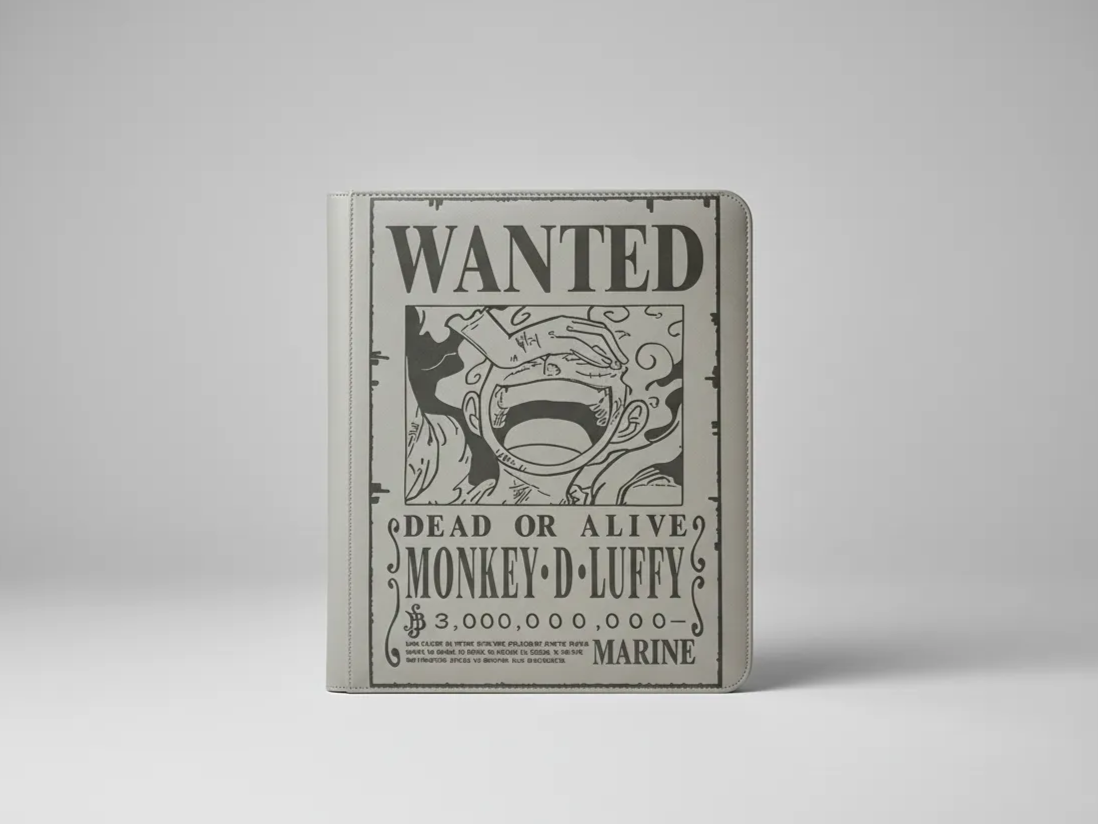 Leather toploader binder cover engraved with Luffy wanted poster design gift idea