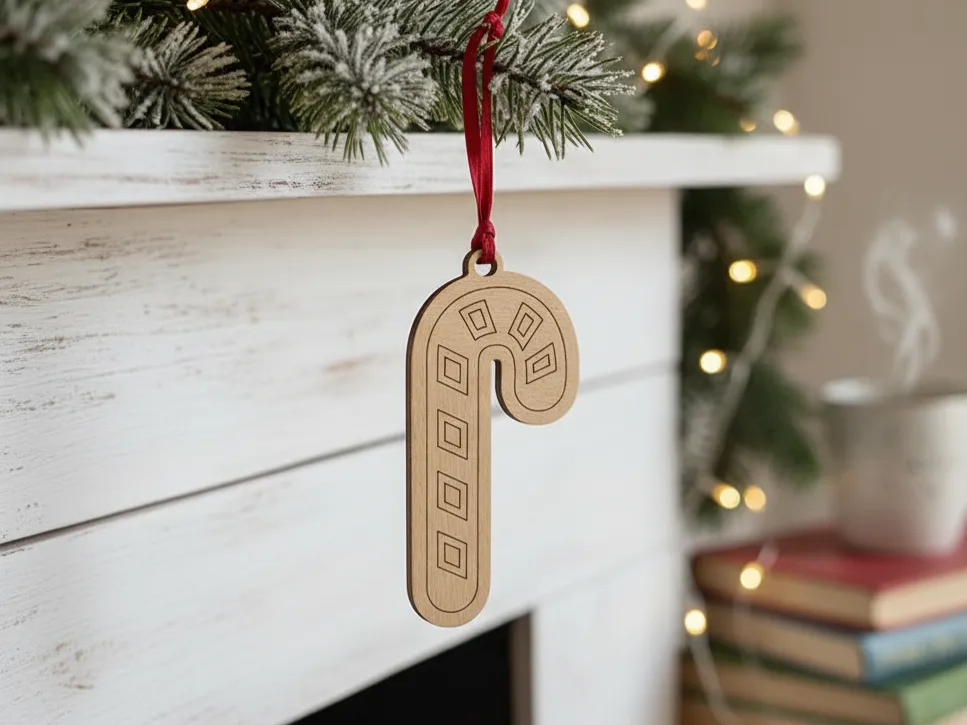 Lasergeschnittenes Zuckerstangen-Weihnachtsornament aus Holz mit rotem Band Weihnachts-Geschenkkorb-Idee