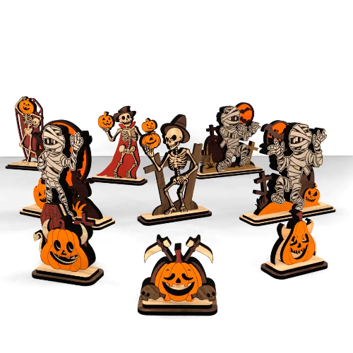 [Laser cut and engrave] Halloween Wooden Figurines SVG Bundle – Laser Cut Skeletons, Mummy & Pumpkin Decor Set