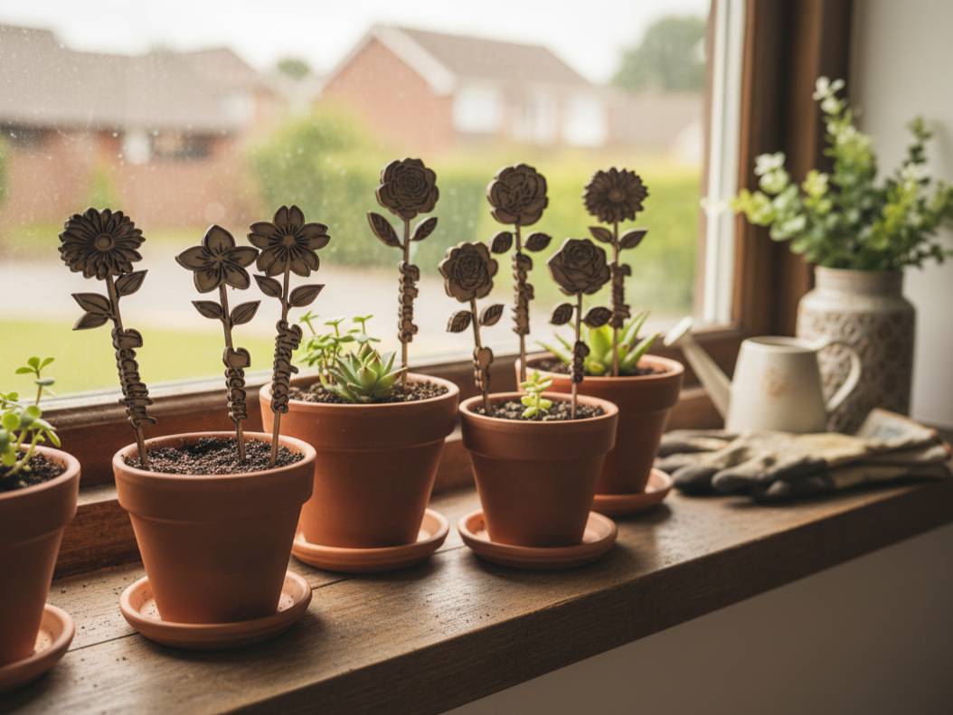 Laser Cut Wooden Flower Plant Markers in Terracotta Pots wooden flower design