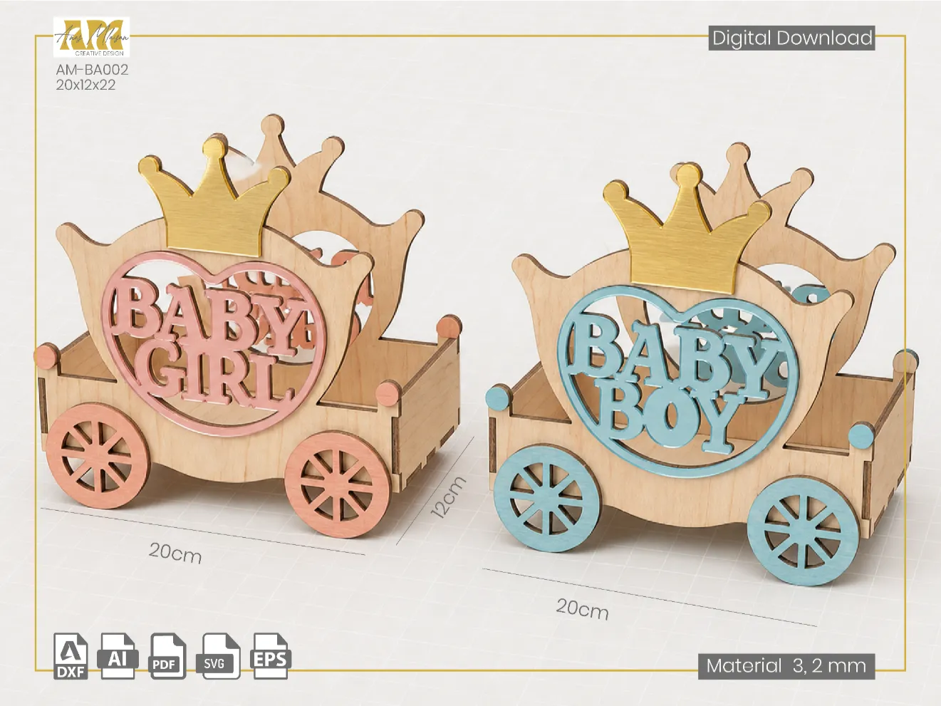 Baby carriage table centerpiece with crown and heart motif