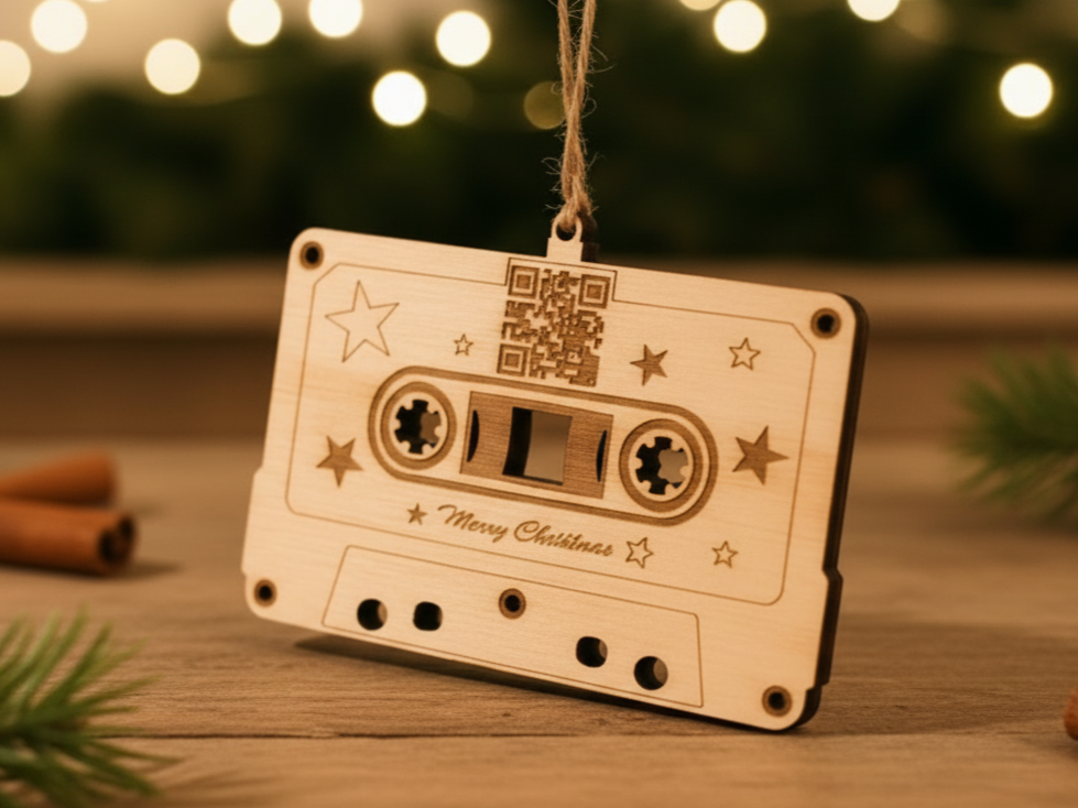 Cassette Tape Ornament With QR Code laser cut design