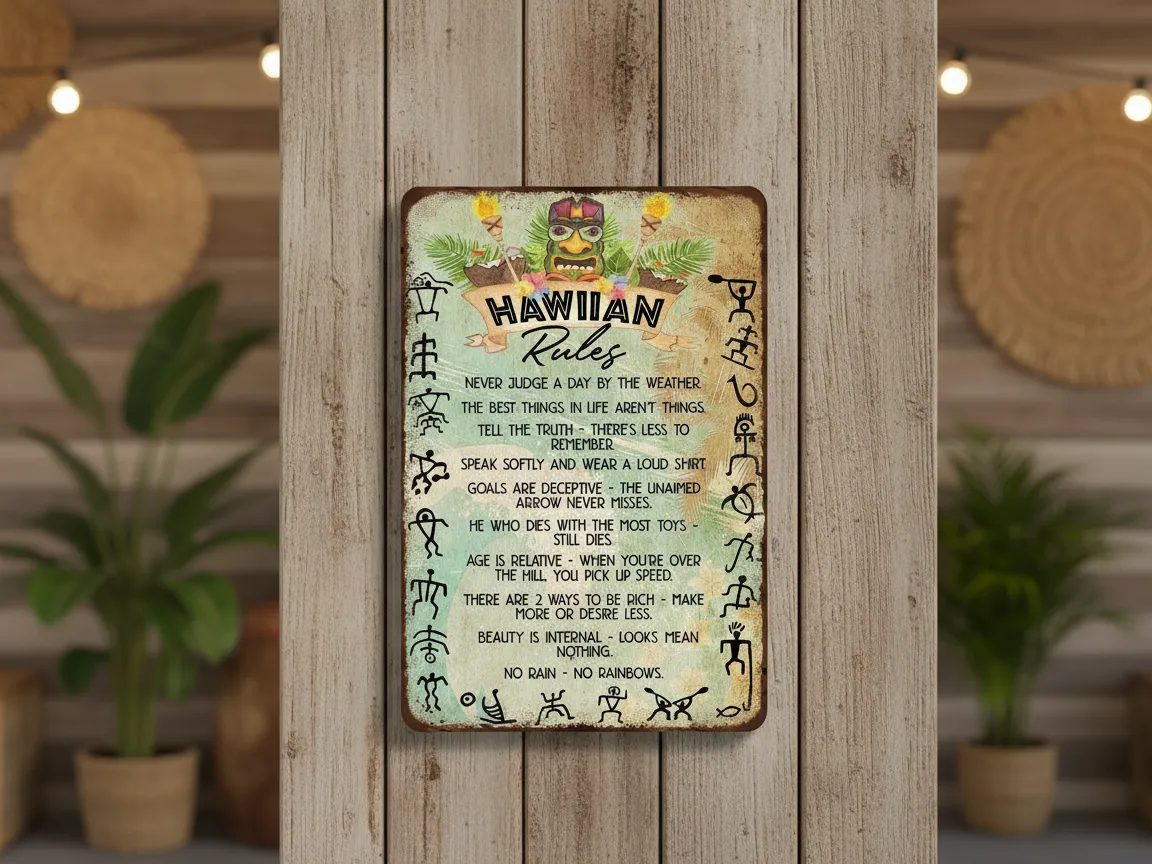 Vintage Hawaiian Rules Metal Wall Sign with Tiki and Symbols exterior metal wall art idea
