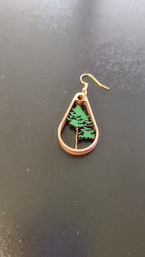 [Laser cut and engrave] Teardrop Wooden Earrings Featuring Green Pine Tree Silhouettes