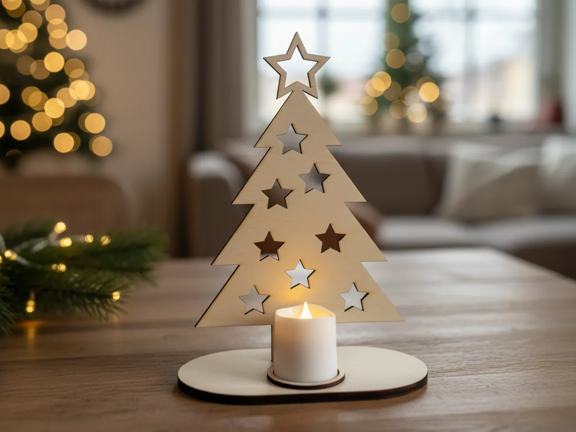 Laser cut wooden Christmas tree candle holder decoration