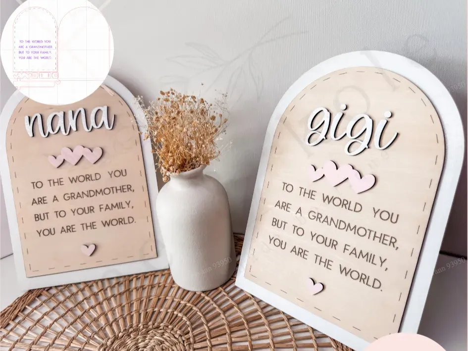 Layered wooden Grandma arch tabletop sign with stand
