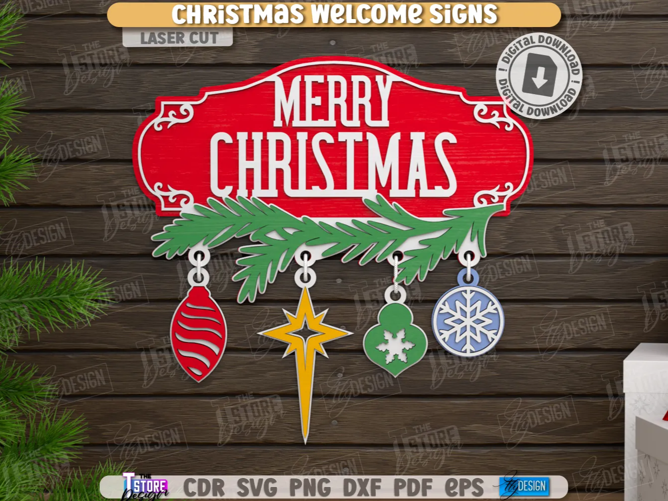 Christmas Welcome Sign with Hanging Ornaments free Christmas SVG laser cut design