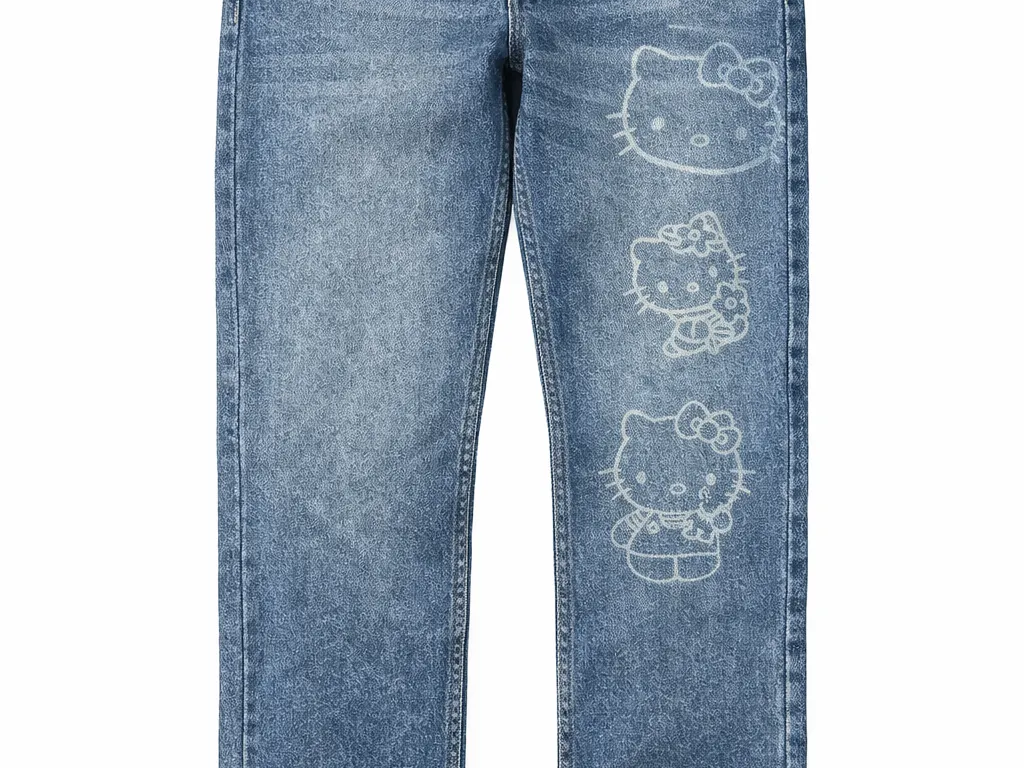 Blue denim jeans with three Hello Kitty faces laser engraved down one leg gift idea