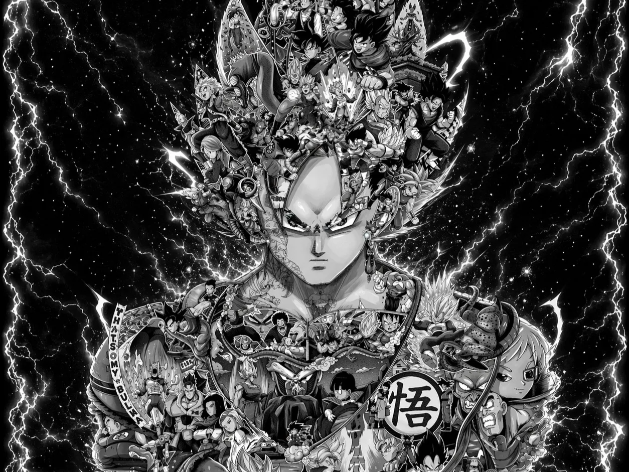 ベジータの顔を形成する多数の小さなキャラクターの肖像画から作られた白黒ドラゴンボールポスター
