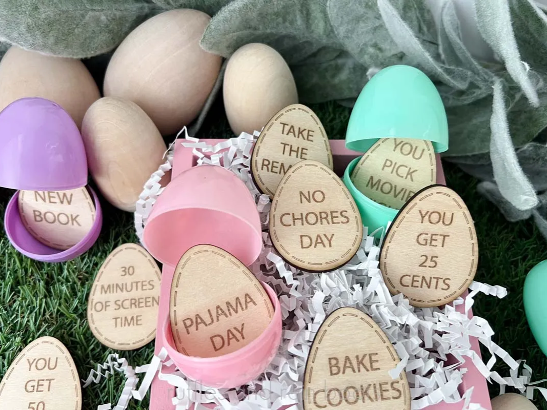 Laser engraved and cut wood Easter egg tokens for plastic Easter egg filler free SVG