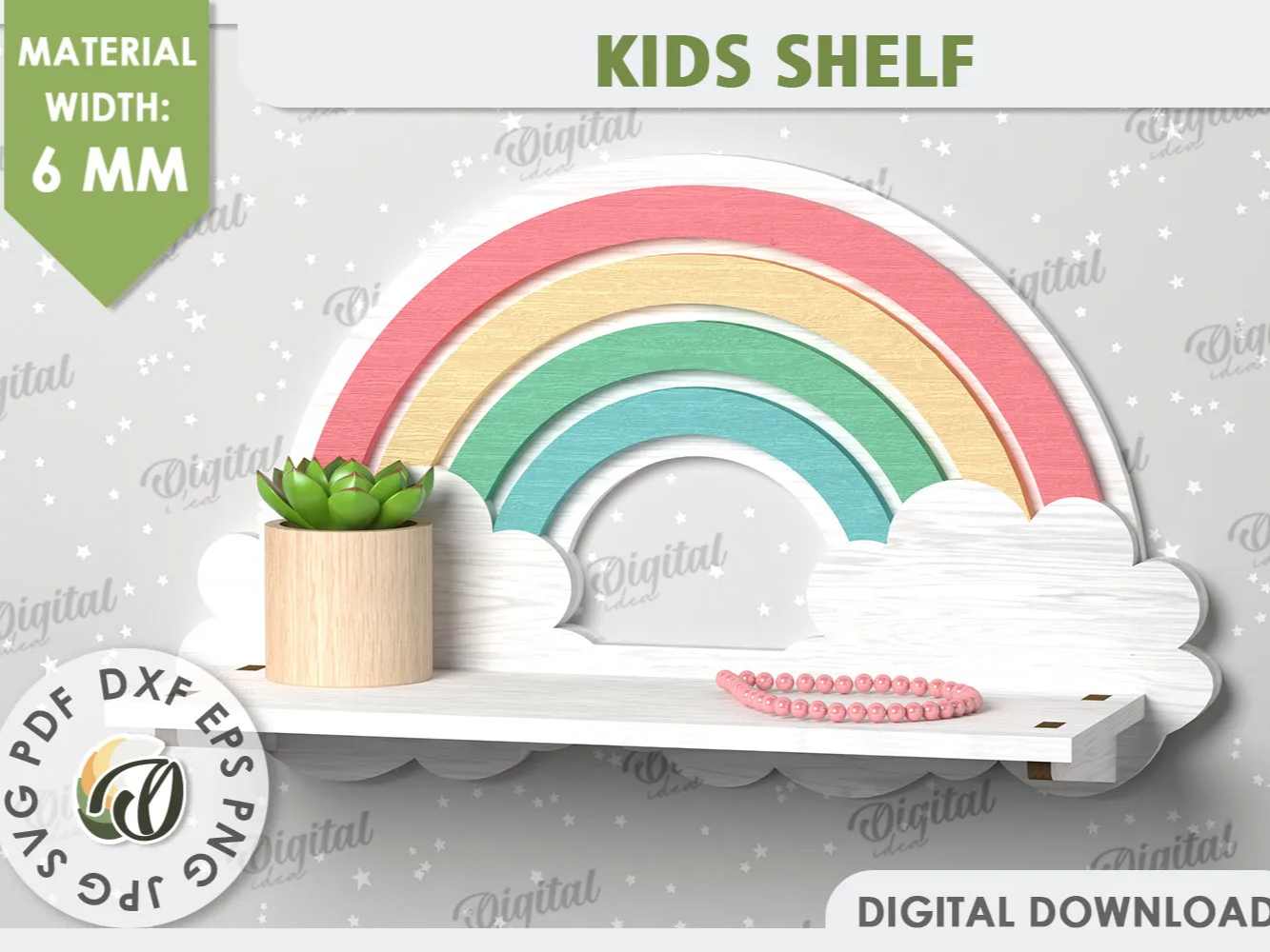 Layered wooden wall bookshelf with cute rainbow and plant details