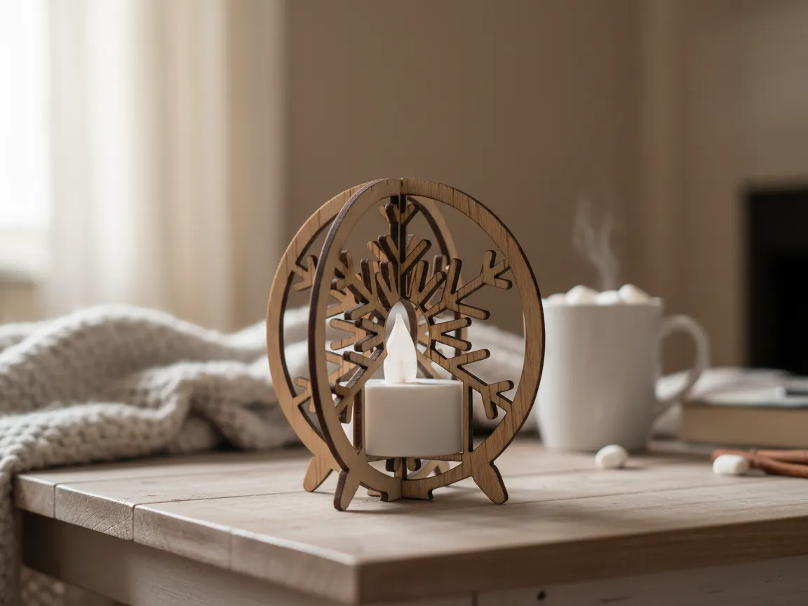 Laser cut wooden snowflake candle holder with a tea light