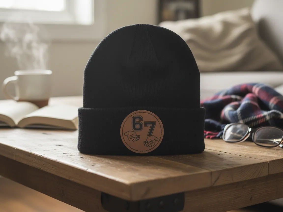 Black beanie with a laser-engraved number 67 leather patch
