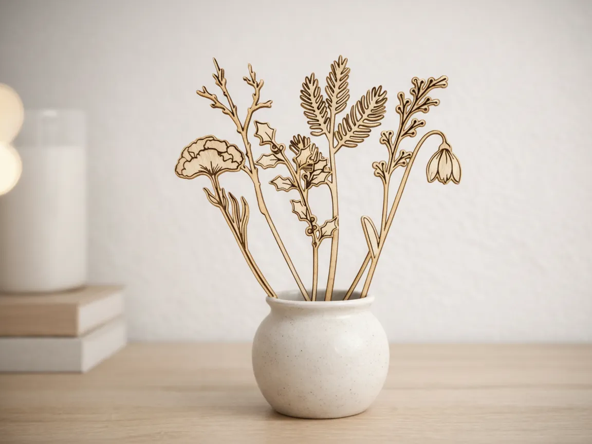 Laser Cut Wooden Winter Botanical Bouquet wooden flower design