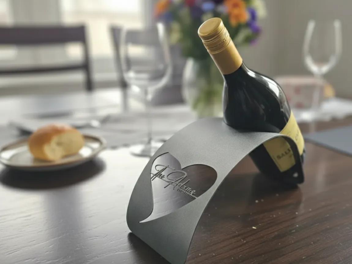 Heart Shaped Metal Wine Bottle Holder with Personalized Name Cutout wedding gift design