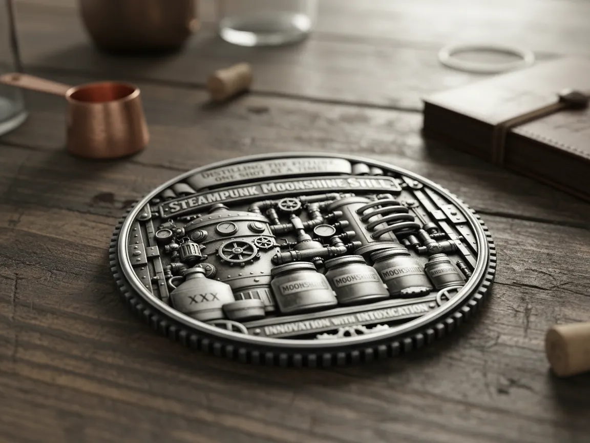 Embossed metal design of a steampunk moonshine still, usable as a coaster among other formats