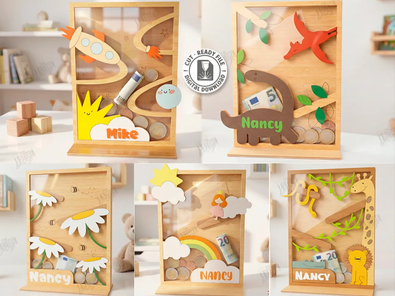 Personalized wooden money box with clear front for kids, coin bank gift