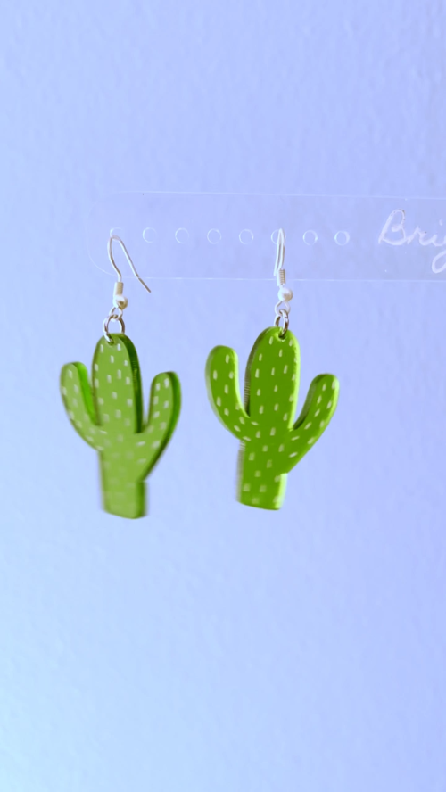 [Laser cut and engrave] Translucent Green Cactus Earrings
