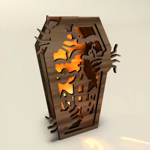 [Laser cut and engrave] Coffin Candle Holder | Halloween Lantern | Haunted Grave Tea Light Box with Spiders & Bats