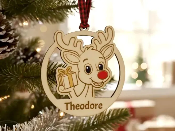 Personalized wooden reindeer ornament engraved with a custom name
