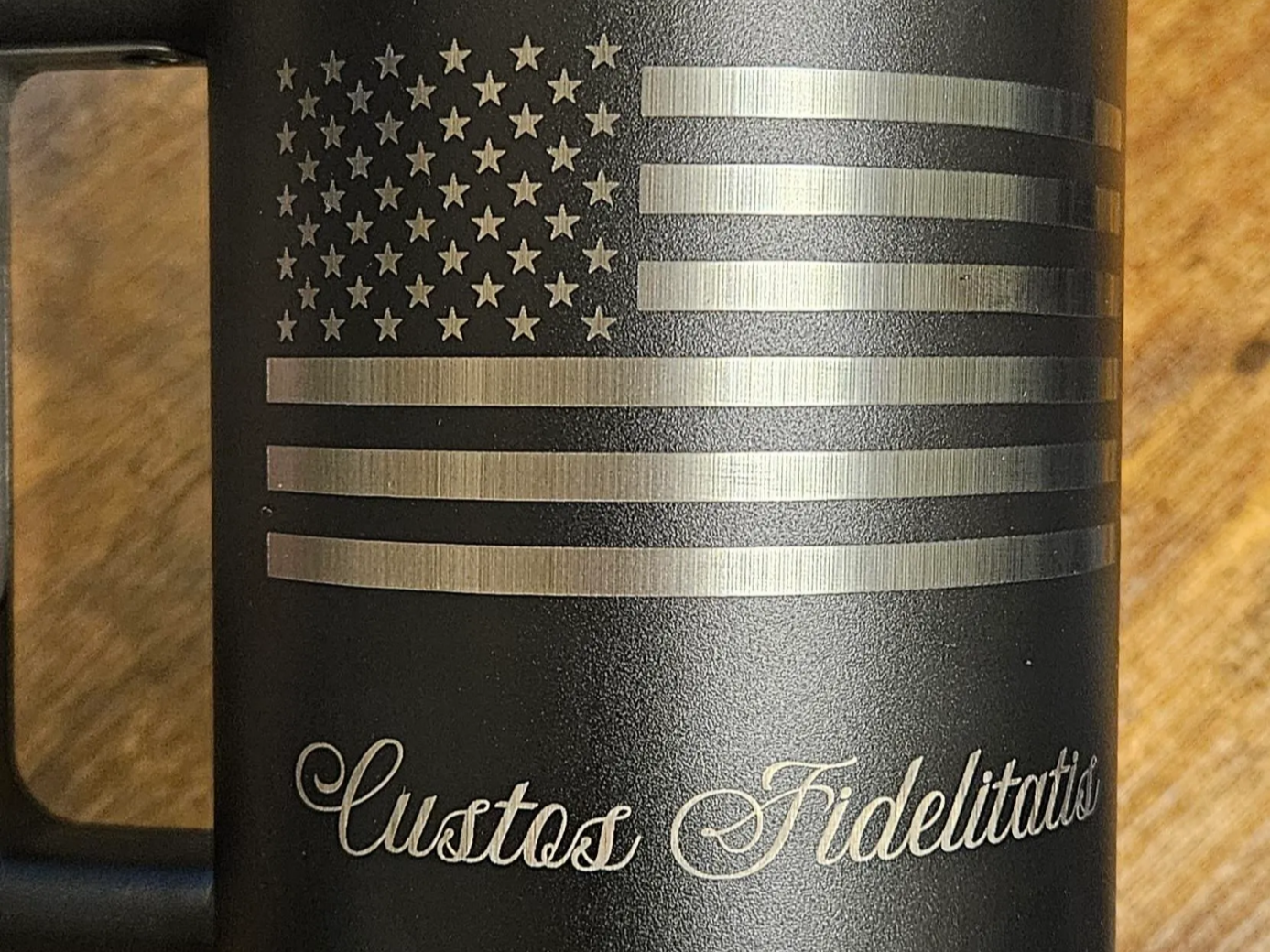 Black Stainless Steel Tumbler with American Flag and Custom Motto Engraving — free patriotic laser/print project file on Atomm