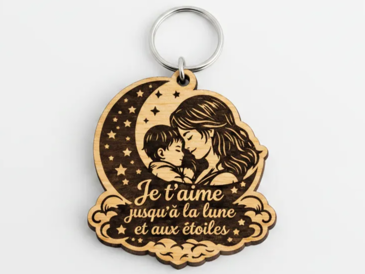 Mother and Child Keychain with French Love Quote mother's day gift design