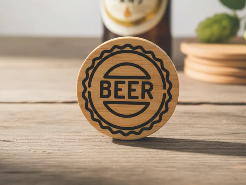 Lasergravierter Holz-Bieruntersetzer mit dekorativem Design Laserdesign