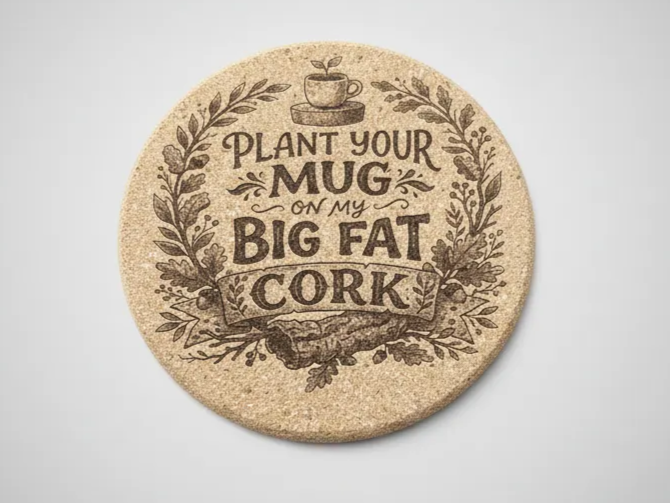 Round cork coaster with a humorous plant your mug text design