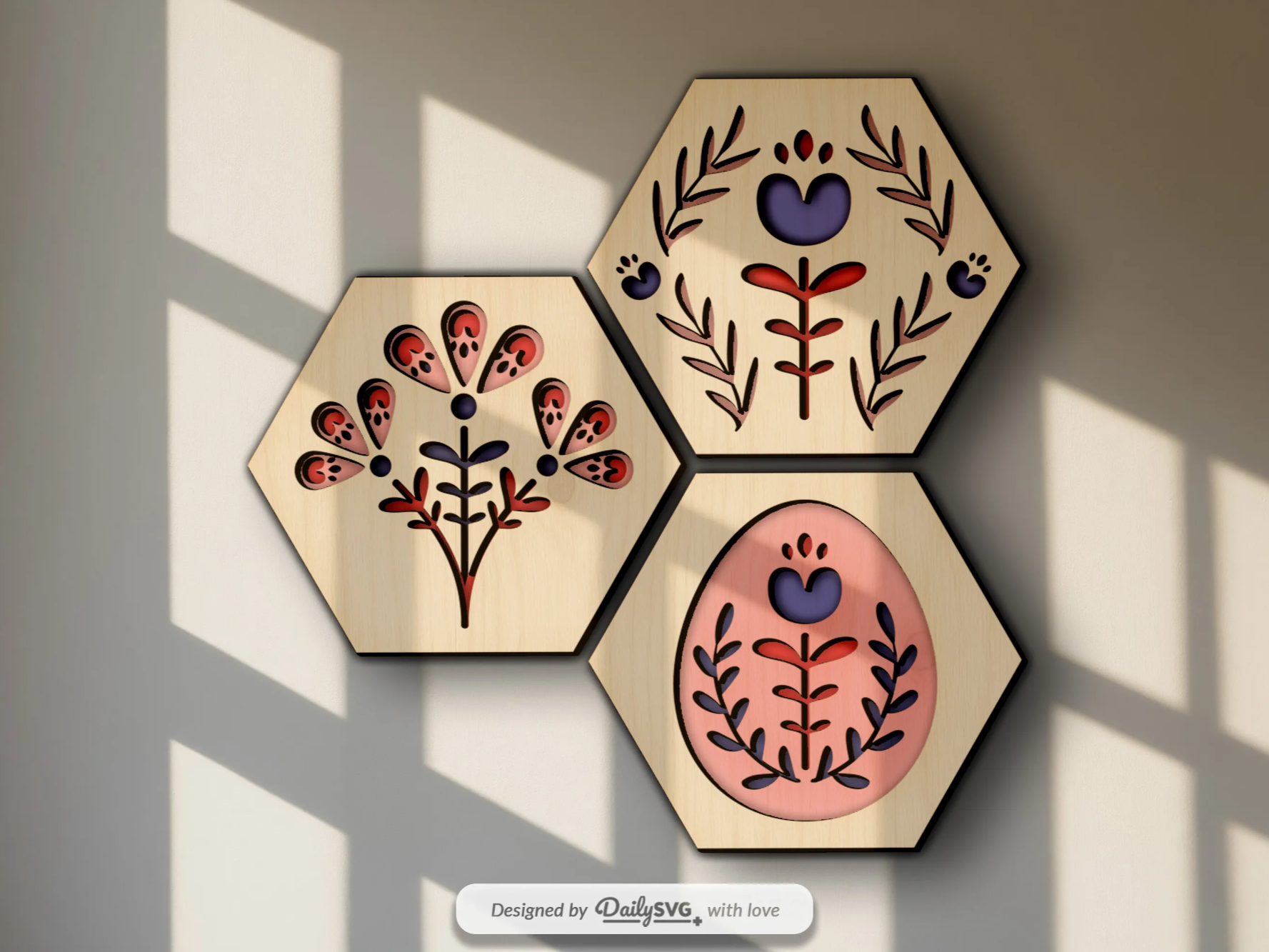 Panel seni dinding bunga heksagonal dari kayu potong laser