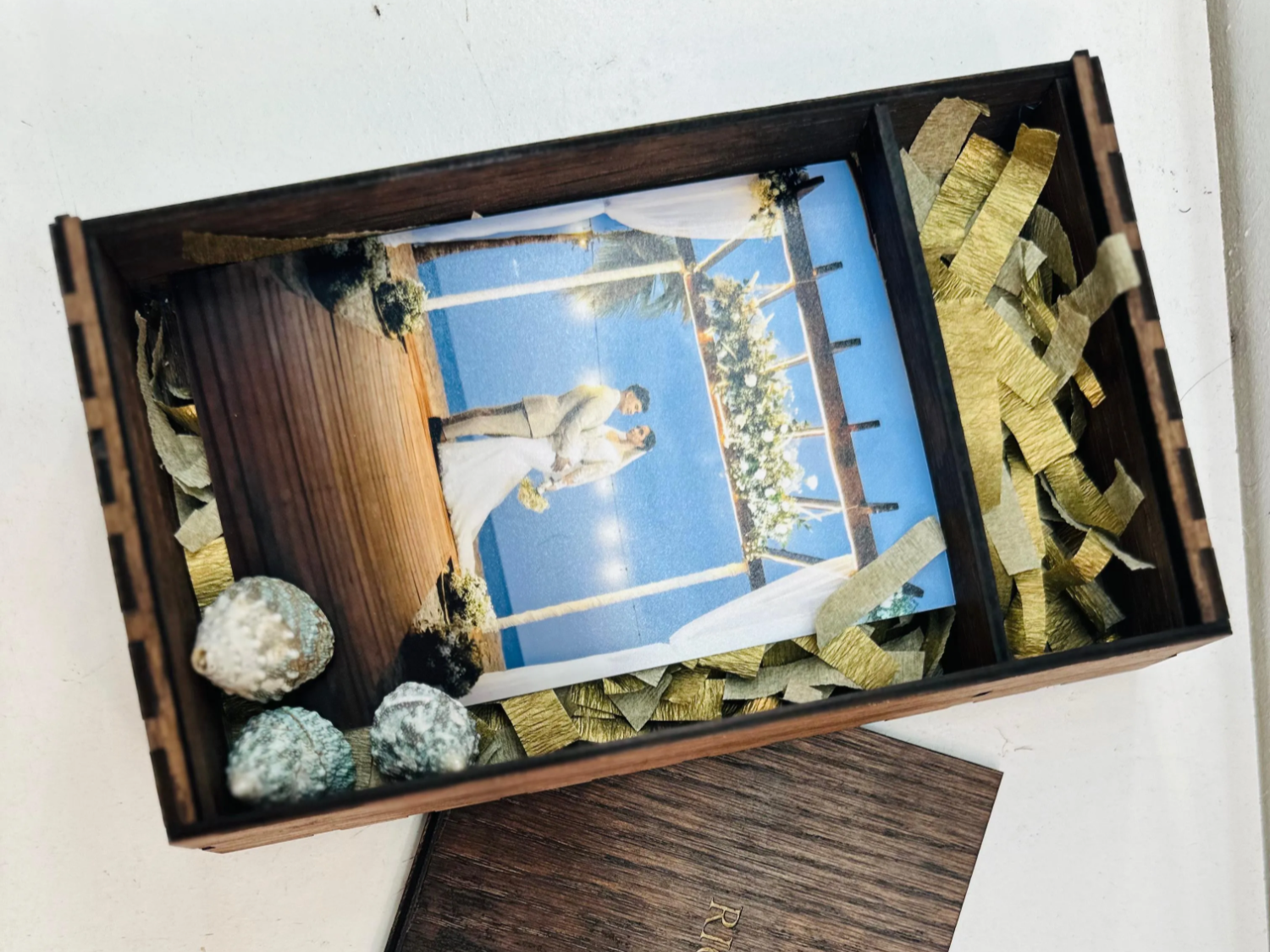 Laser Cut Wooden Photo Keepsake Box with Decorative Fillers and USB