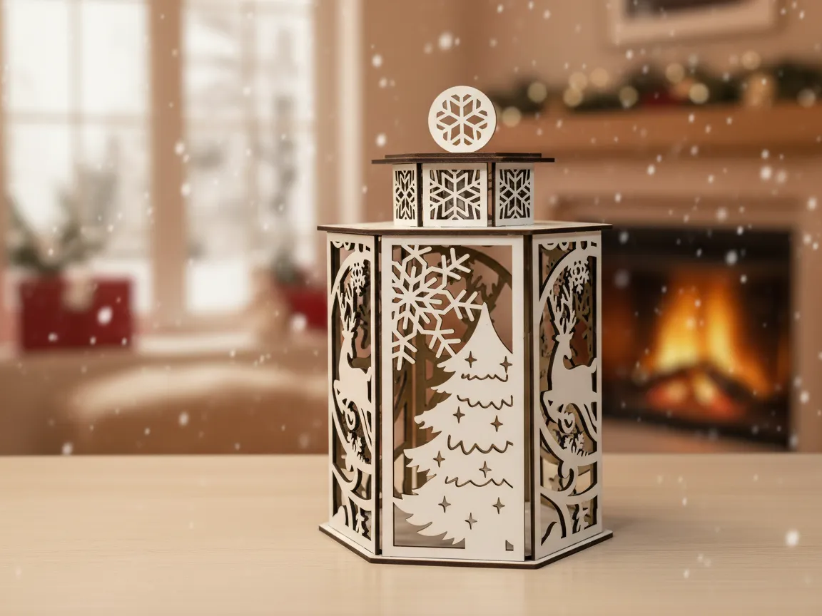 Laser cut wooden Christmas lantern with snowflake and reindeer cutout design