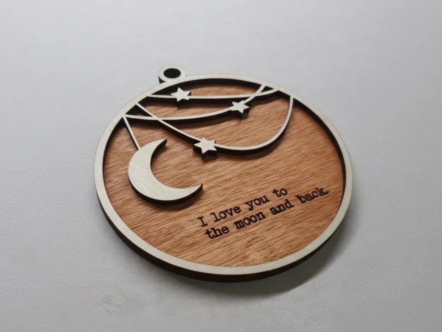 Wooden Moon and Stars Ornament with Love Quote gift for wife idea
