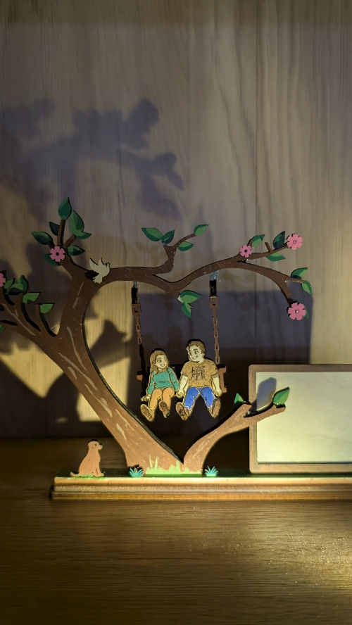 [Laser cut and engrave] Laser Cut Wooden Tree Photo Frame with Swing Couple and Dog Decoration