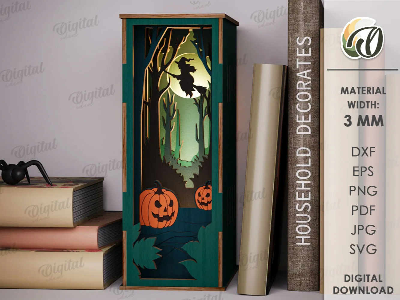 Angolo lettura 3D di Halloween. Portalibri tagliato al laser. Decorazione da scaffale scena inquietante. Inserto da mensola in legno a strati. Strega. Jack O Lantern - vero progetto zucca Atomm