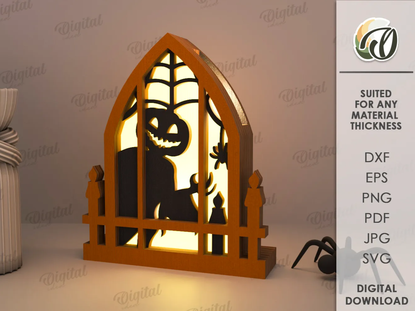 Lanterna da finestra 3D di Halloween. Lampada inquietante tagliata al laser. Decorazione luce notturna in legno. SVG spaventoso. Decorazione per la casa. Decorazione luminosa di Halloween. Jack O Lantern - vero progetto zucca Atomm