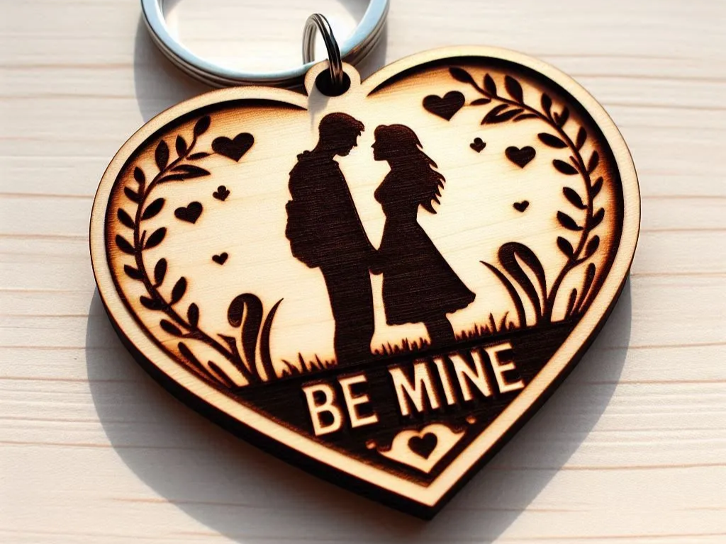 Heart-Shaped Wooden Keychain with “Be Mine” Silhouette valentines day gift design
