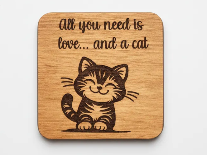 Cat coaster with All you need is love quote