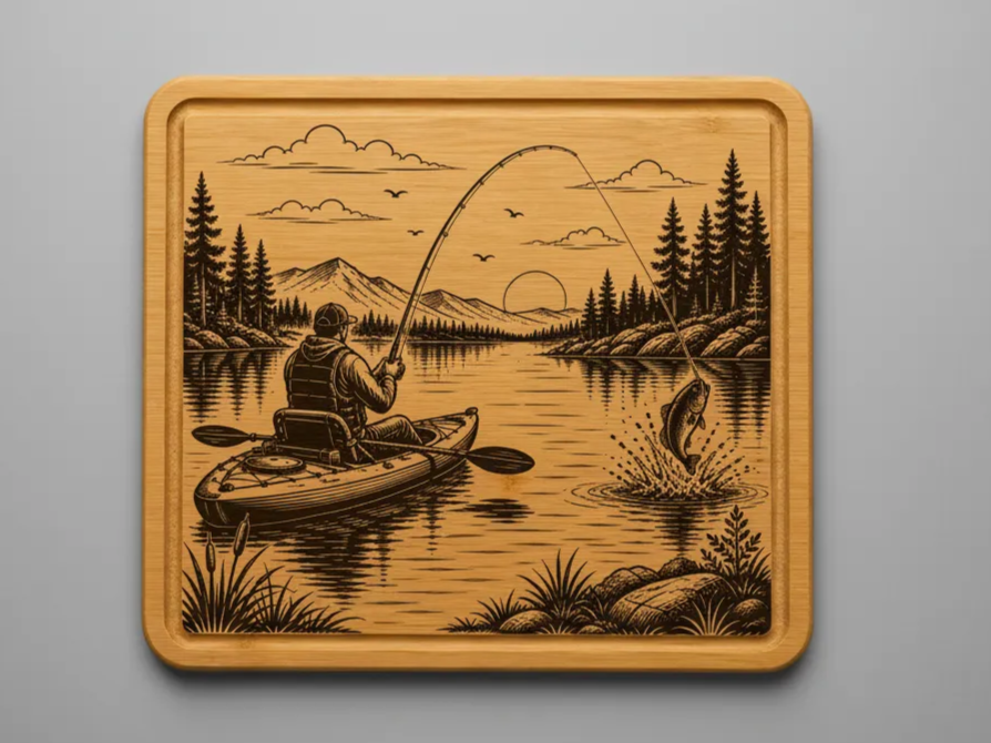 Kayak Fishing Scene at Sunset cutting board design