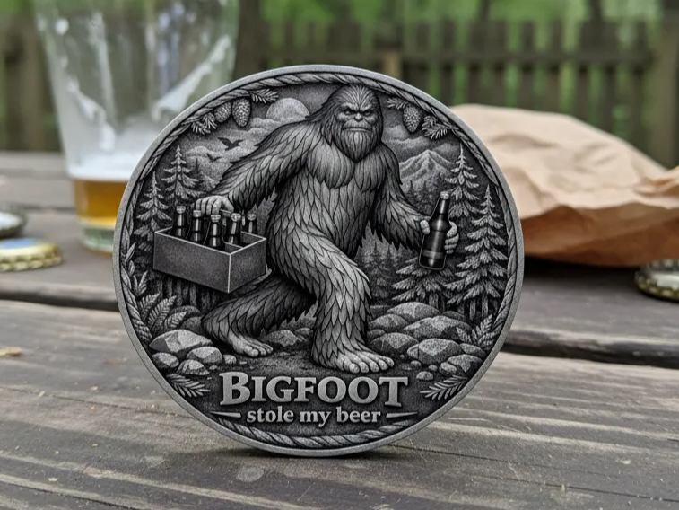 Bigfoot Stole My Beer Round Metal Coaster and Coin | Free Files - Atomm