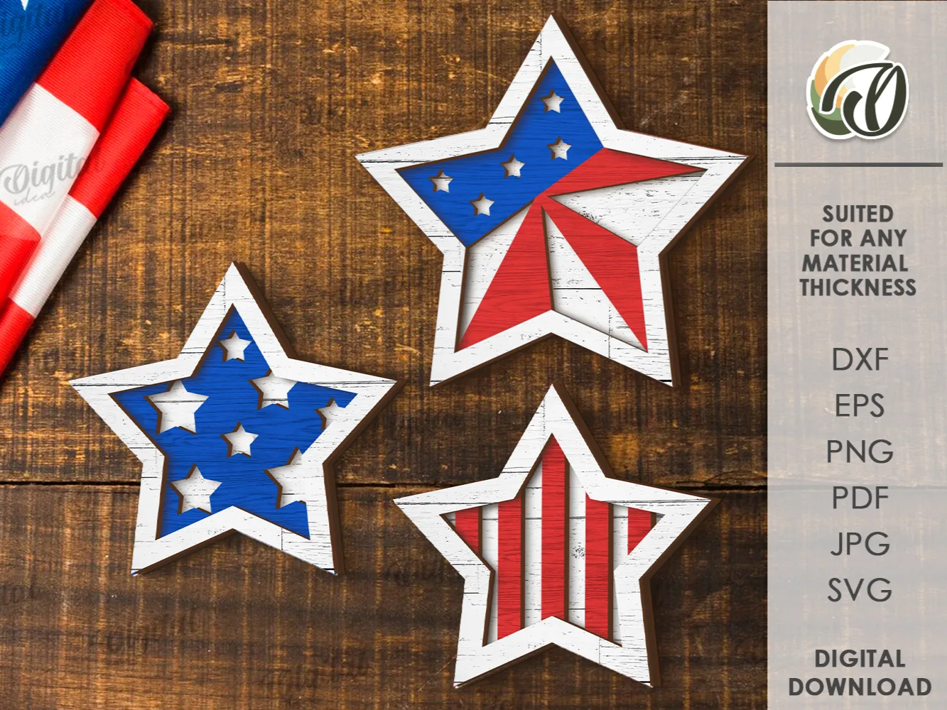3D 4th of July stars decors set laser cut. Wooden patriotic star sign. 4th of july decoration svg. Wooden star wall hanger. Set of 3 designs — free American flag wall art project file on Atomm