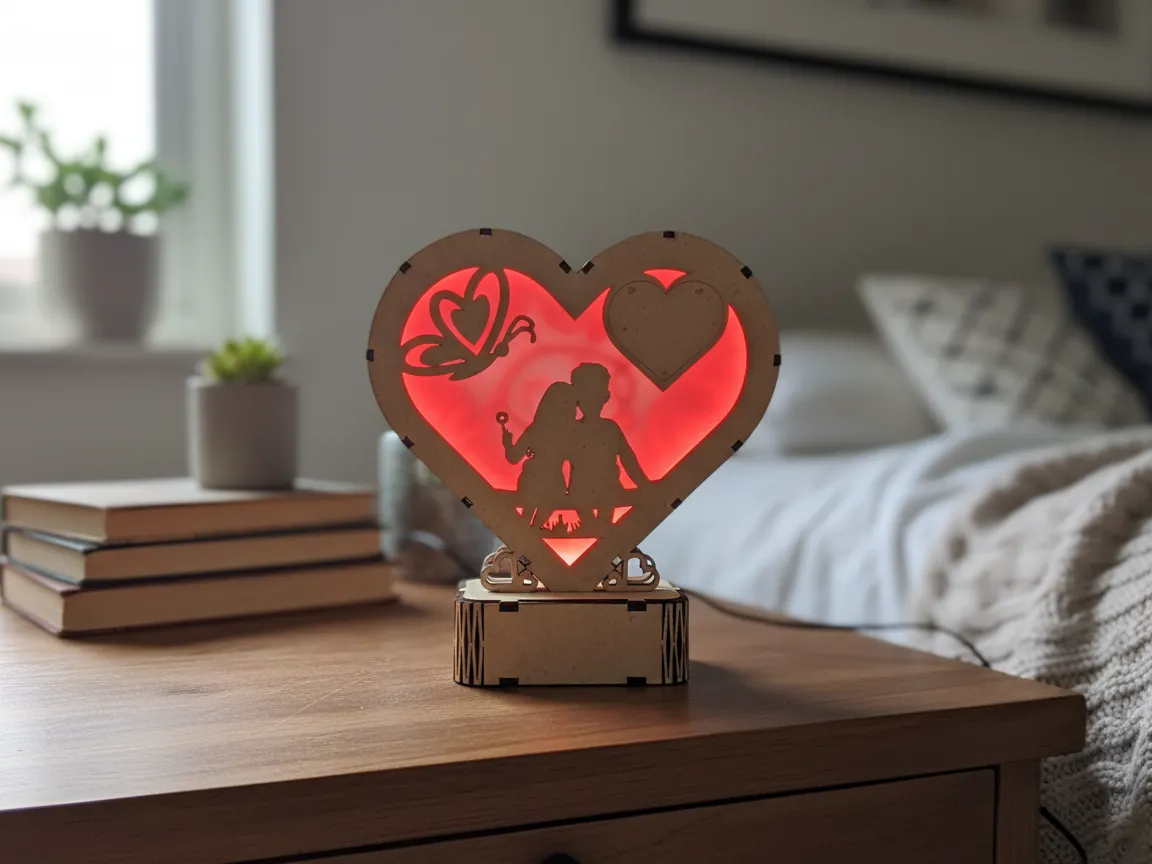 Lampada LED a cuore coppia e farfalla, idea di silhouette tagliata al laser
